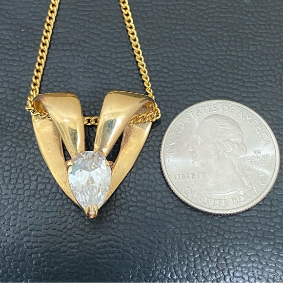 Vintage Unsigned Gold-Plated Heart Slider Pendant Teardrop Clear CZ 16” Necklace - Picture 12 of 15